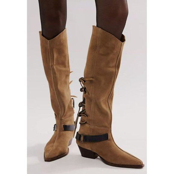 Free People Shoes - Free People $198 Back Lace Sway Military Taupe Suede Knee High Sz 8.5